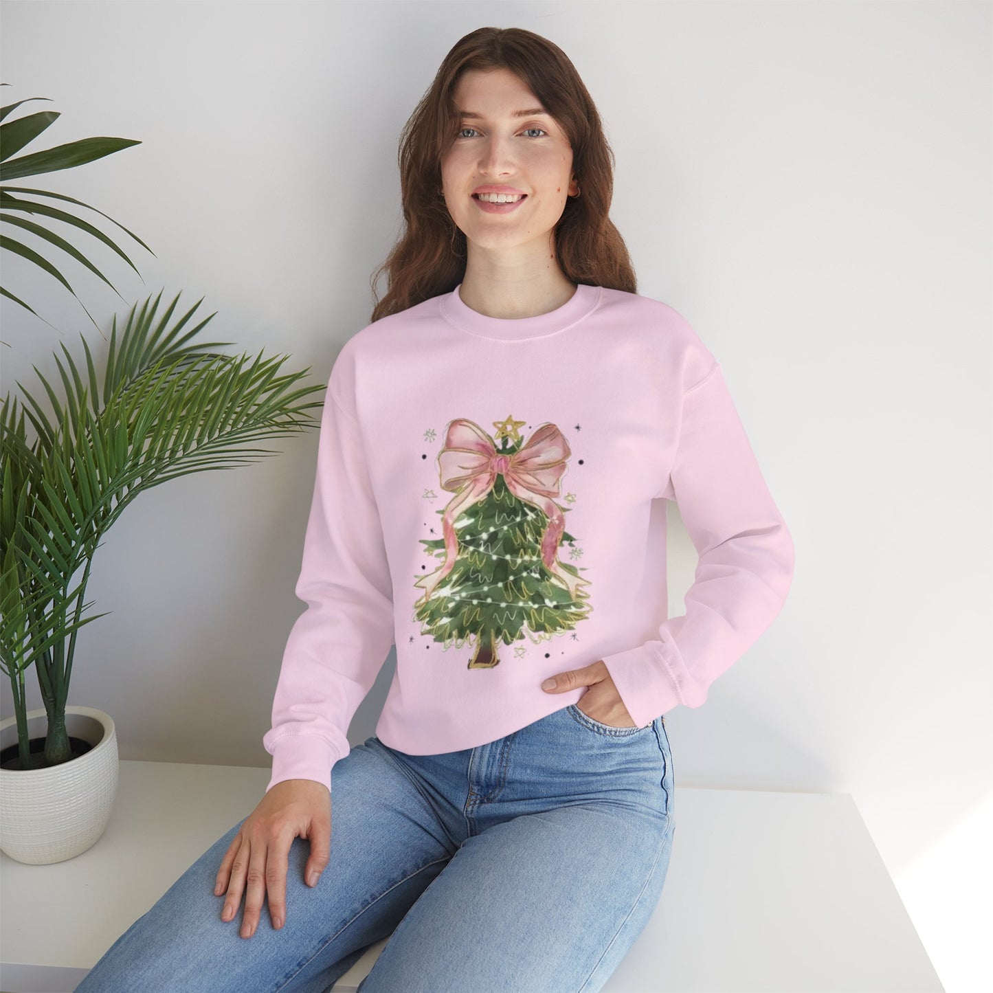 Faith-Inspired Christmas Tree Sweatshirt with Pink Bow | Christian Holiday Apparel