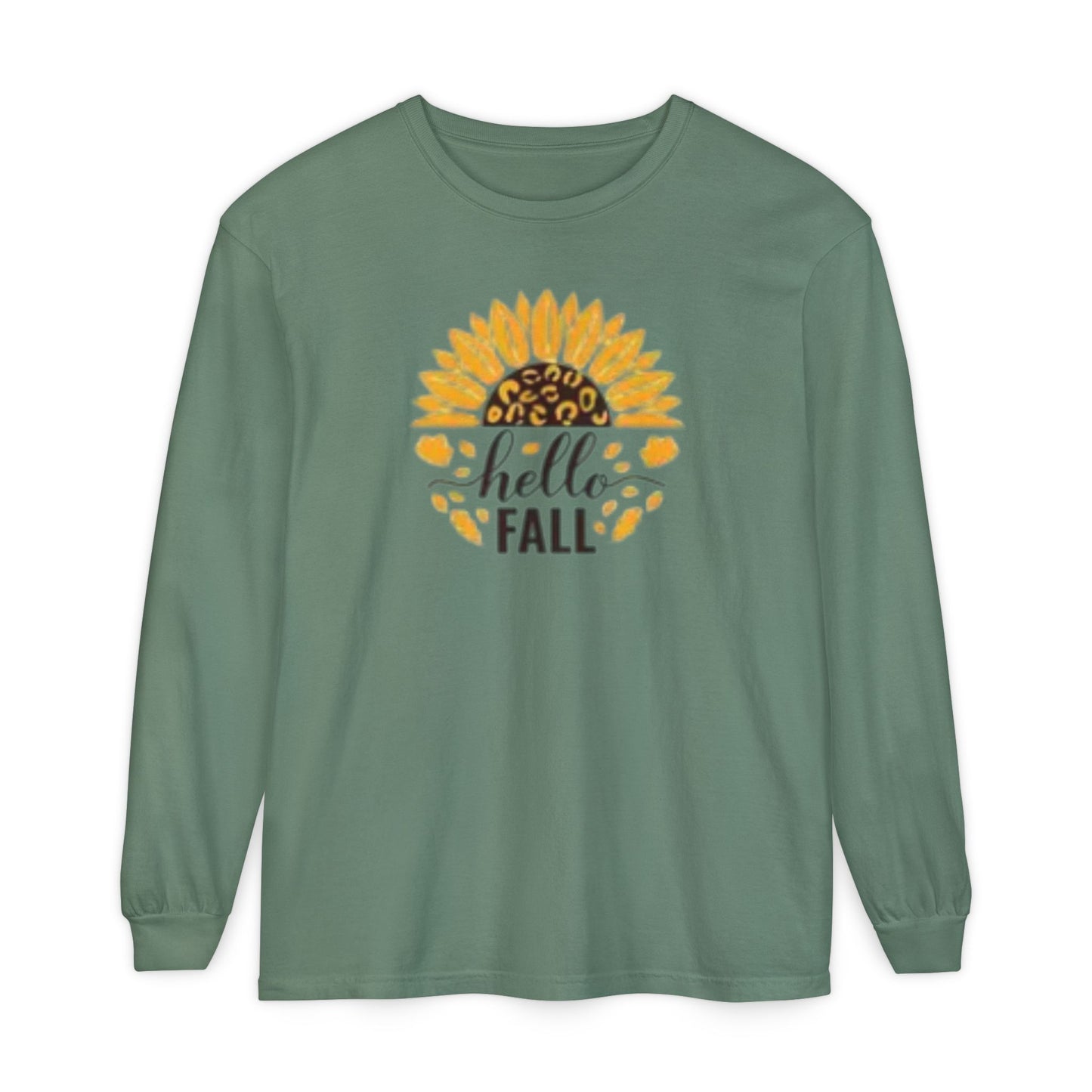 Hello Fall Sunflower Long Sleeve Tee – Leopard Print Autumn Shirt, Fall Apparel, Autumn Fashion, Seasonal Outfit, Gift for Her, Cozy Layering Tee