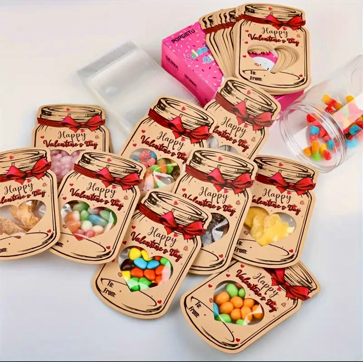 Love In A Jar-Set of 12 Valentine's Day cards with candy bag