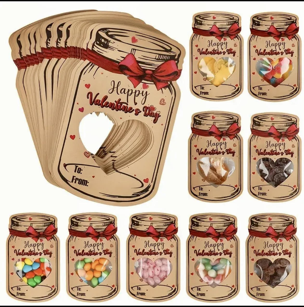 Love In A Jar-Set of 12 Valentine's Day cards with candy bag