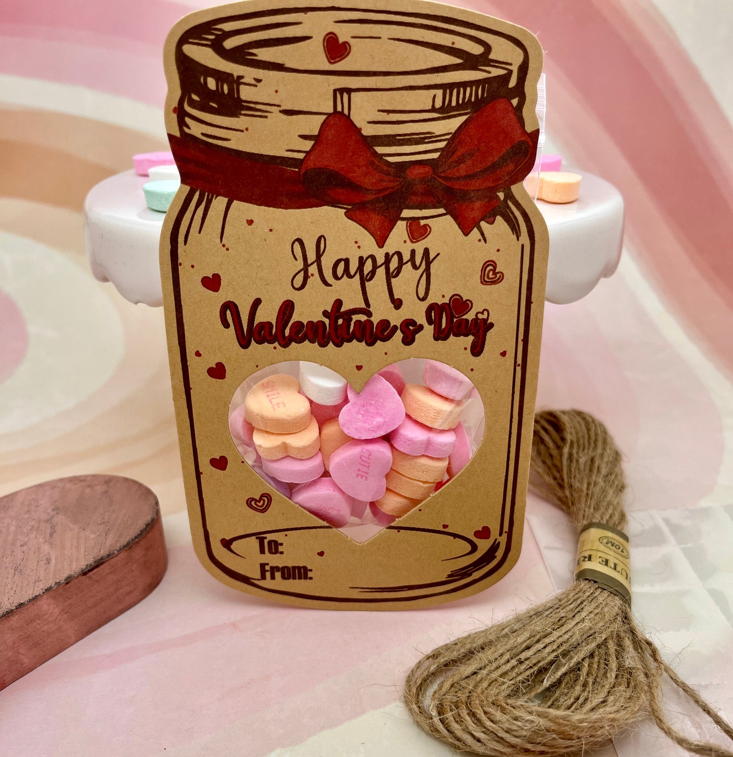 Love In A Jar-Set of 12 Valentine's Day cards with candy bag