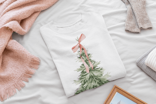 Faith-Inspired Christmas Tree Sweatshirt with Red Bow | Christian Holiday Apparel