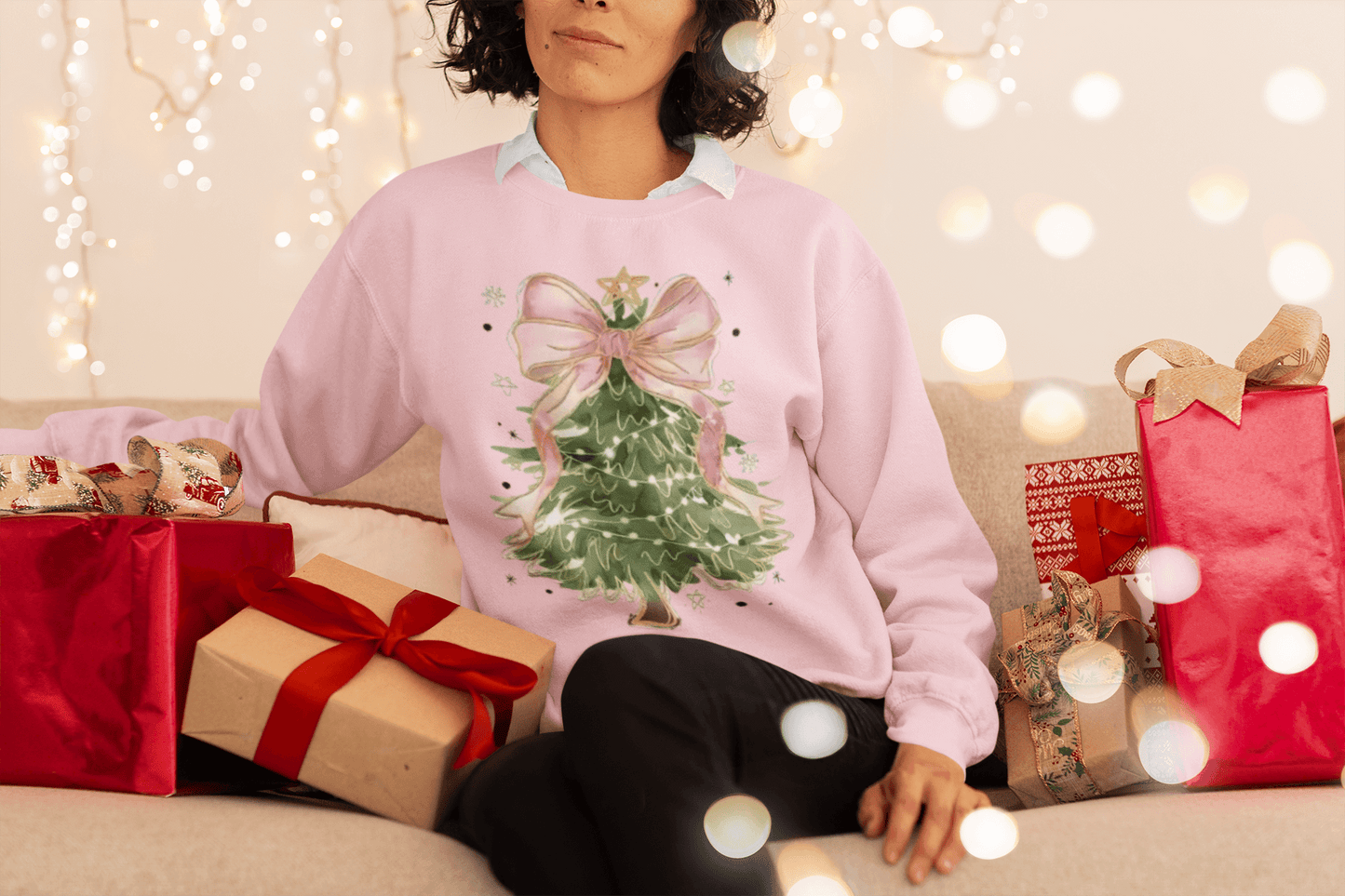Faith-Inspired Christmas Tree Sweatshirt with Pink Bow | Christian Holiday Apparel