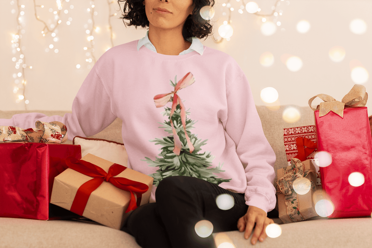 Faith-Inspired Christmas Tree Sweatshirt with Red Bow | Christian Holiday Apparel